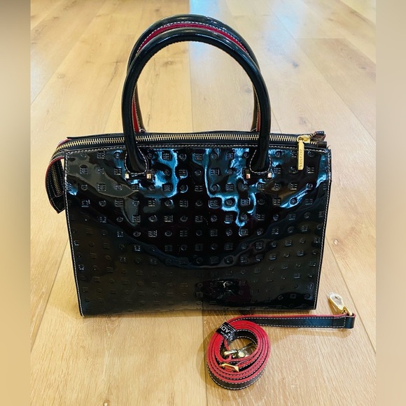 Arcadia Handbags - Arcadia Italian Satchel Embossed Patten Leather Black Red Python Accents